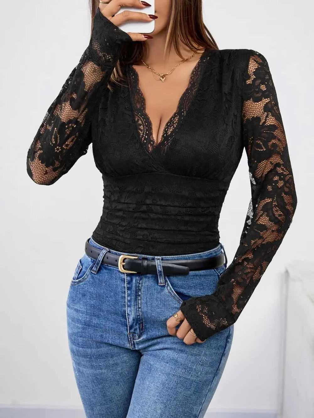 Perfee V-Neck Long Sleeve Lace Top 100100834352572 31 Affordable Fashion Under $100 Jerry's Apparel 