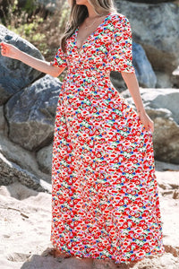 Floral Half Sleeve Deep V Neck Cutout Back Maxi Dress