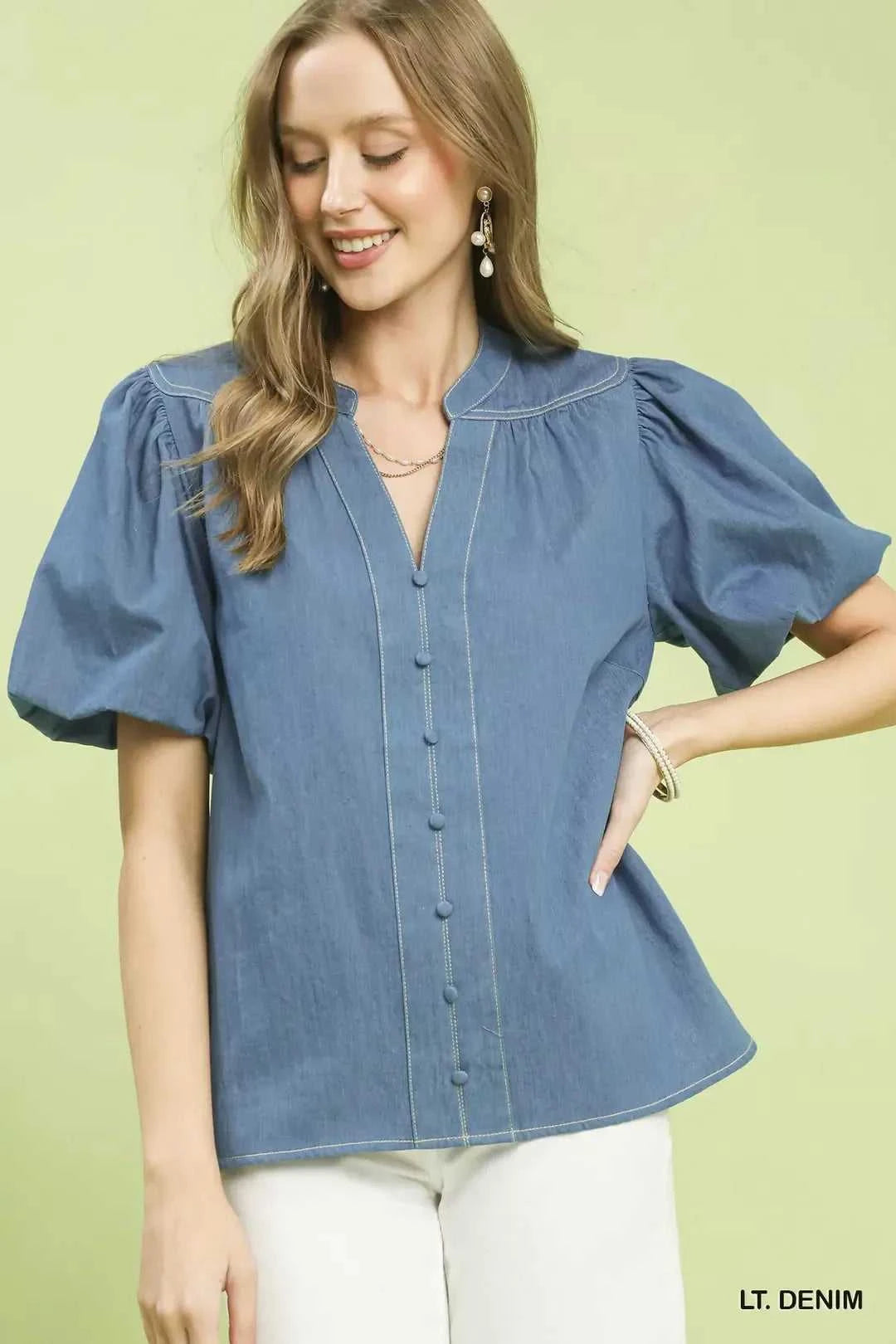 Umgee Denim Button Front Puff Sleeve Boho Blouse 100100988571365 53 Affordable Fashion Under $100 Jerry's Apparel 