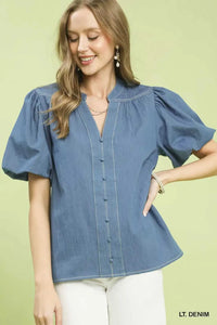Umgee Denim Button Front Puff Sleeve Boho Blouse 100100988571365 53 Affordable Fashion Under $100 Jerry's Apparel 