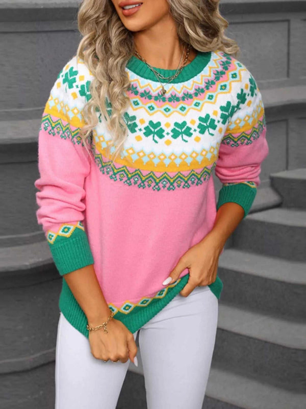 Clover Pattern Round Neck Knitted Sweater 100100324536502 52 Affordable Fashion Under $100 Jerry's Apparel 