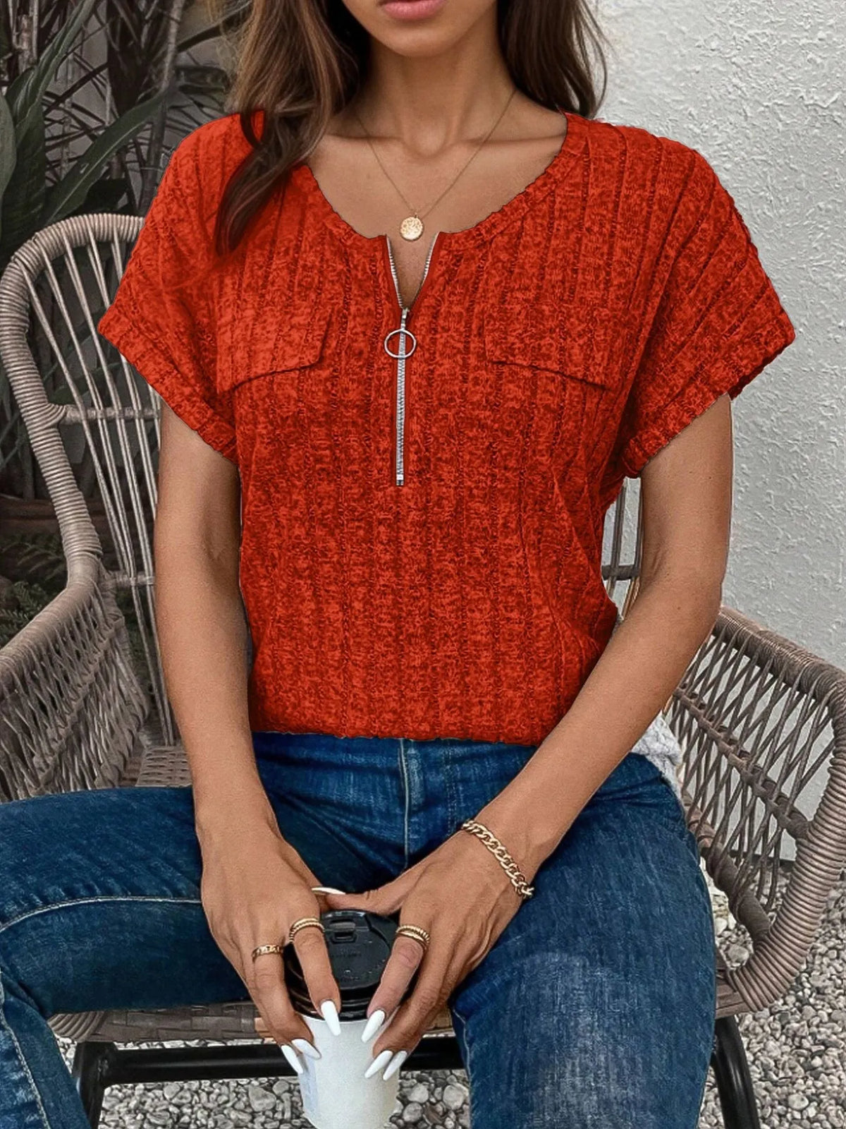 Zip-Front Short Sleeve T-Shirt