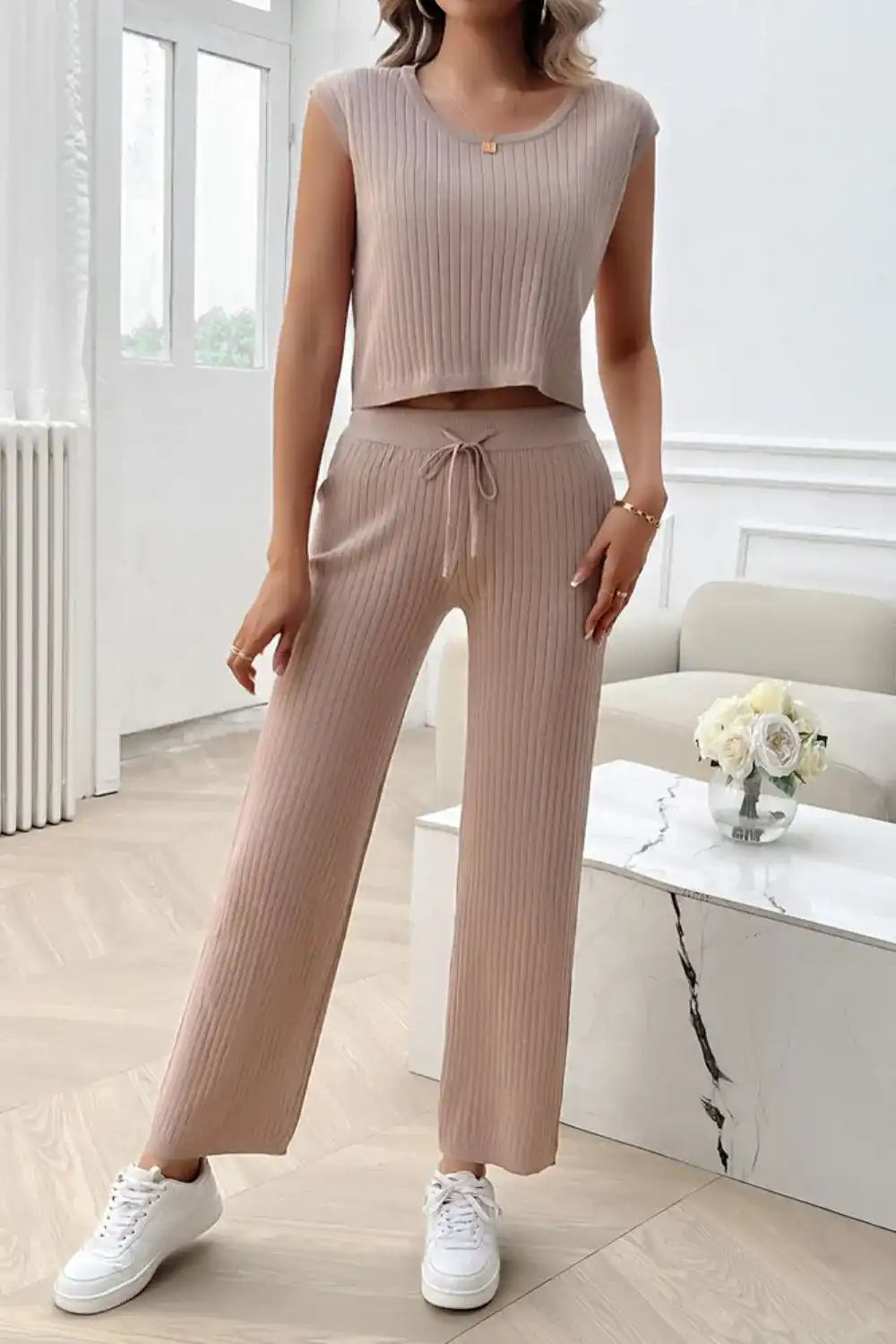 Devine Ribbed Round Neck Top and Pants Set 100100643541406 76 Affordable Fashion Under $100 Jerry's Apparel 