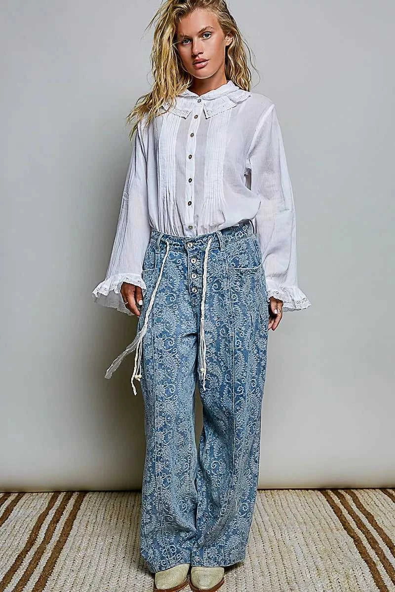 POL Woven Lace Trim Pintuck Button-Down Shirt 100100784961327 66 Affordable Fashion Under $100 Jerry's Apparel 