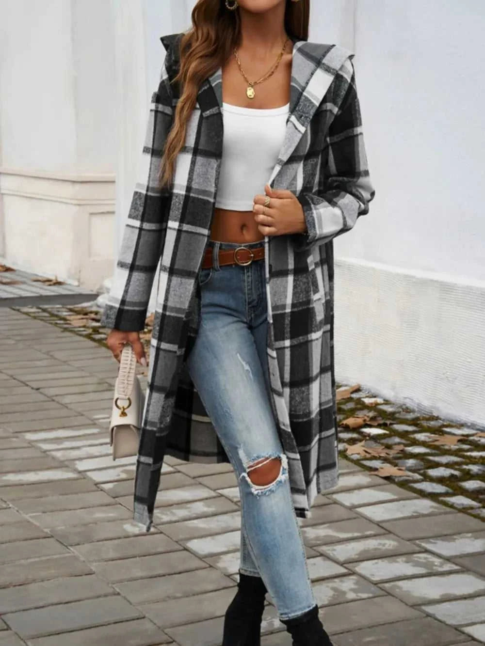 Devine Plaid Long Sleeve Hooded Coat 100100235621127 45 Affordable Fashion Under $100 Jerry's Apparel 