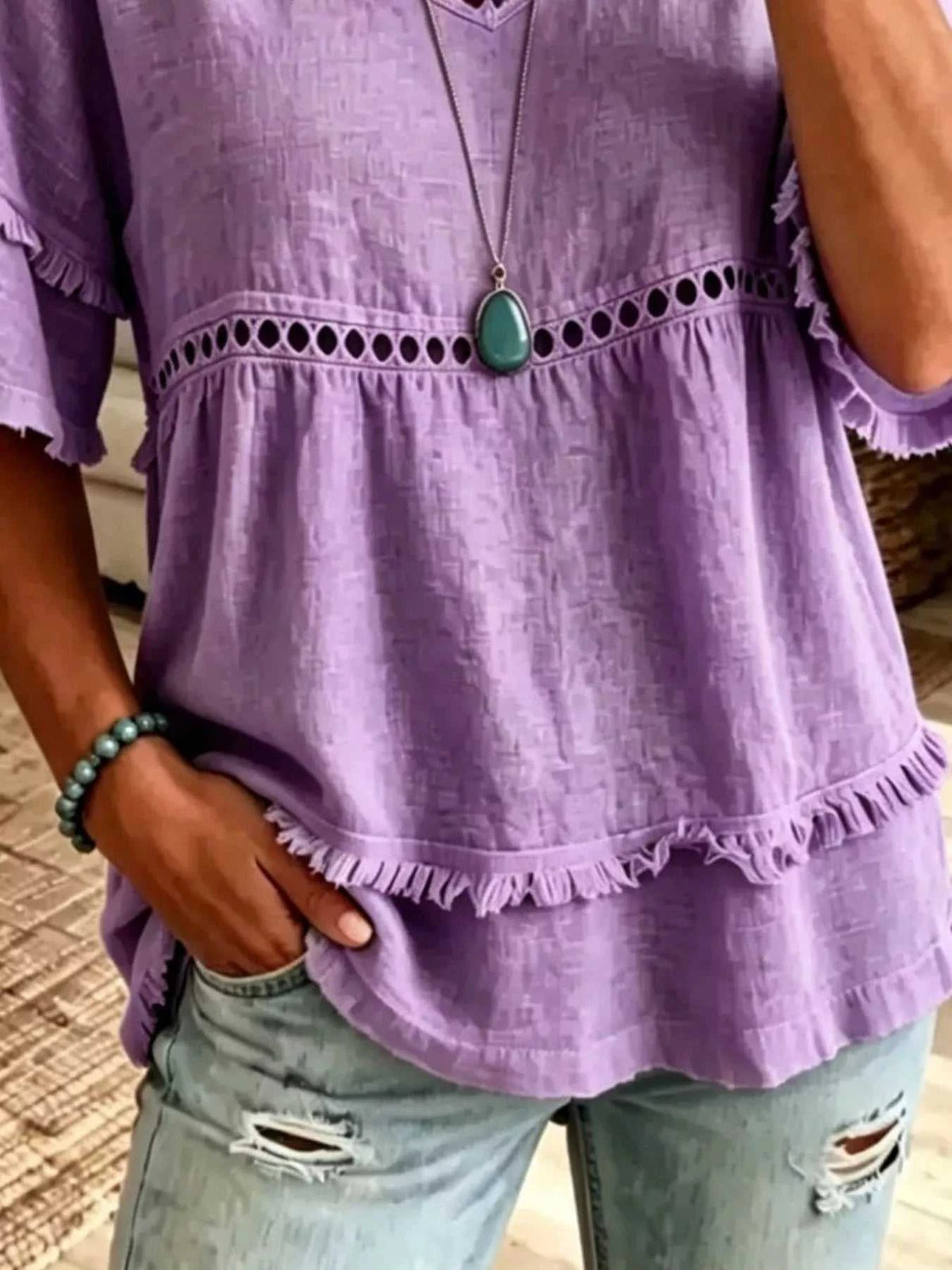 Eyelet V-Neck Frayed Edge T-Shirt 101001102955340 33 Affordable Fashion Under $100 Jerry's Apparel 