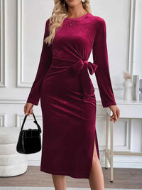 Velvet Slit Round Neck Long Sleeve Dress with Side Tie Detail 100100124814169 37 Affordable Fashion Under $100 Jerry's Apparel 