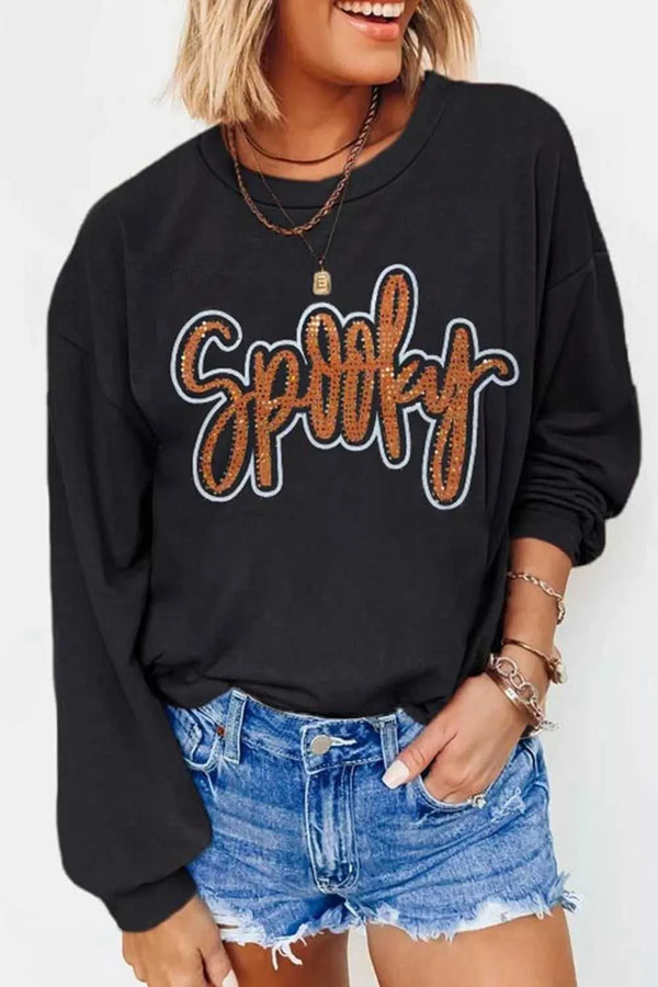 Spooky Rhinestone Drop Shoulder Sweatshirt 101001814378909 52 Women's Holiday Apparel Jerry's Apparel 