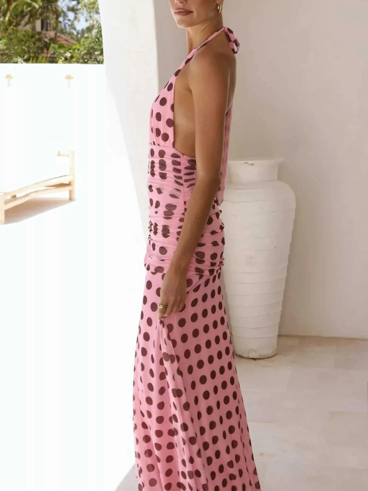 Polka Dot Halter Ruched Maxi Dress 100100900167641 56 Gifts for Her Jerry's Apparel 