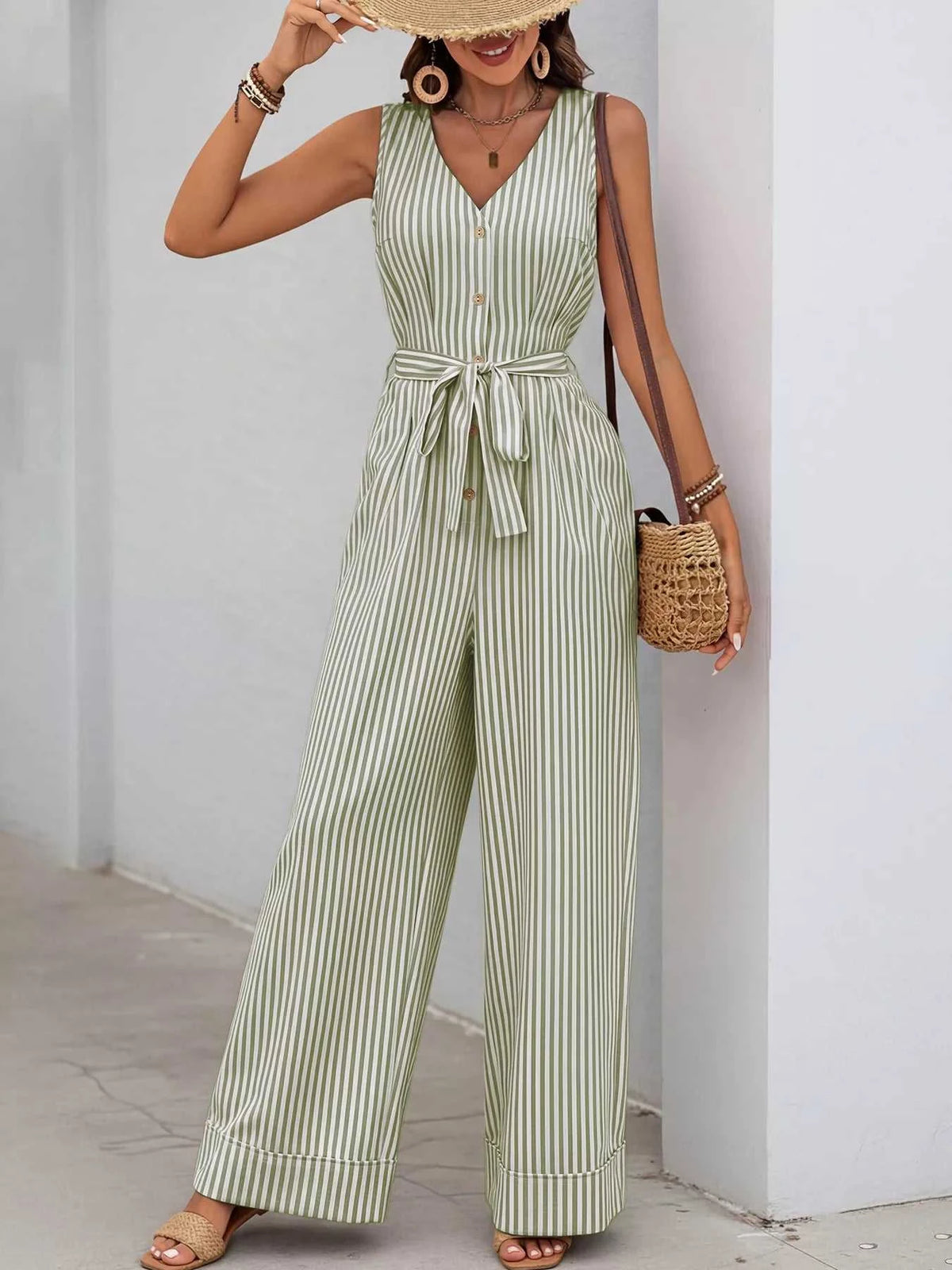 Striped Button-Front Tie Waist Wide Leg Jumpsuit 100100833661971 44 Affordable Fashion Under $100 Jerry's Apparel 