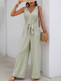 Striped Button-Front Tie Waist Wide Leg Jumpsuit 100100833661971 44 Affordable Fashion Under $100 Jerry's Apparel 