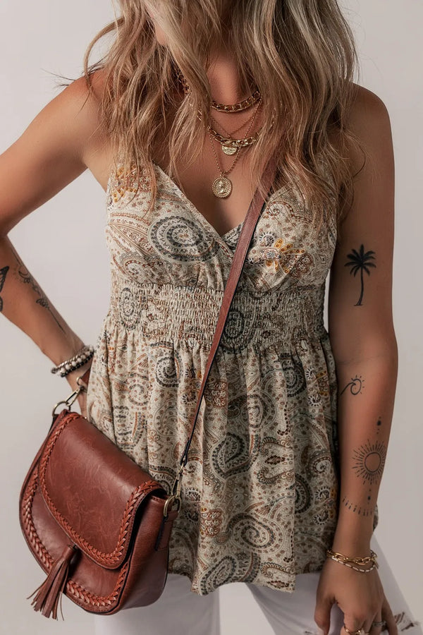 Paisley Printed Smocked Babydoll Cami