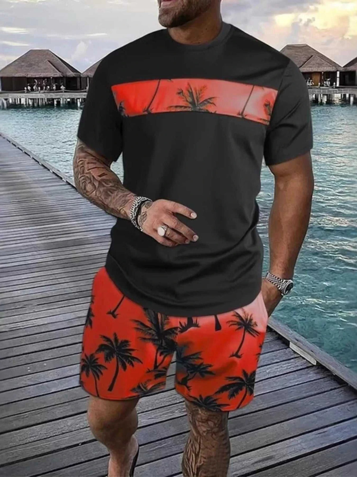 Men's Full Size Tropical Palm Tree Tee and Shorts Set Plus Size 100400554802541 22 Men's Sets Jerry's Apparel 