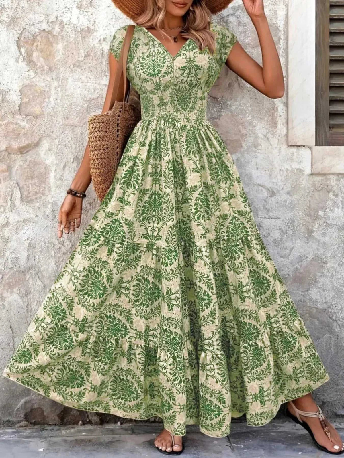 Full Size Printed V-Neck Tiered Maxi Dress Plus Size 100100096069770 30 Affordable Fashion Under $100 Jerry's Apparel 