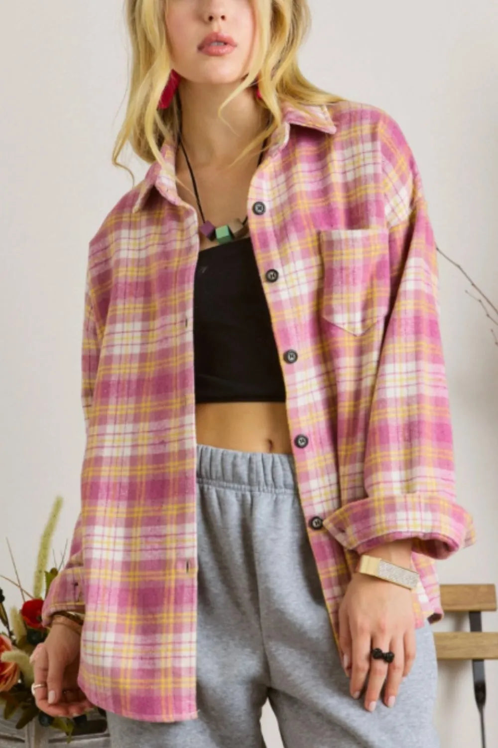 Plaid Collared Neck Button Up Shacket