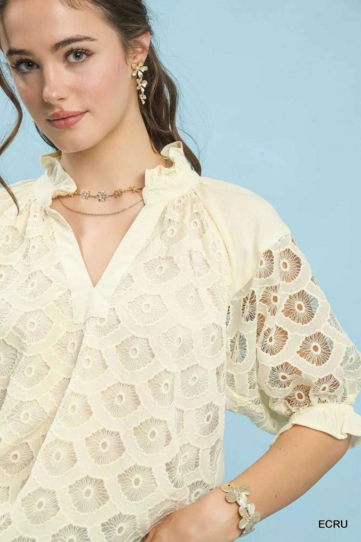Umgee Linen V-Neck Lace Puff Sleeve Top 100100310791529 66 Affordable Fashion Under $100 Jerry's Apparel 