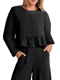 Full Size Ruffled Hem Long Sleeve Top and Pants Set Plus Size 100100344916700 44 Affordable Fashion Under $100 Jerry's Apparel 