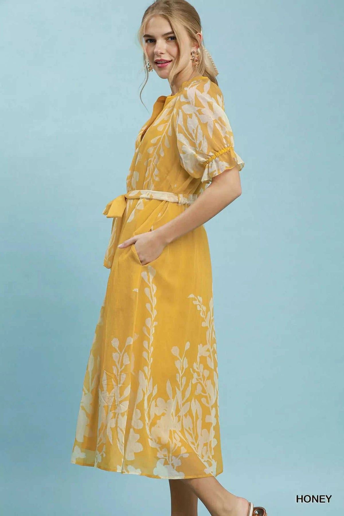Umgee Floral Print Tie Waist Midi Dress with Side Pockets 100100801821405 66 Affordable Fashion Under $100 Jerry's Apparel 