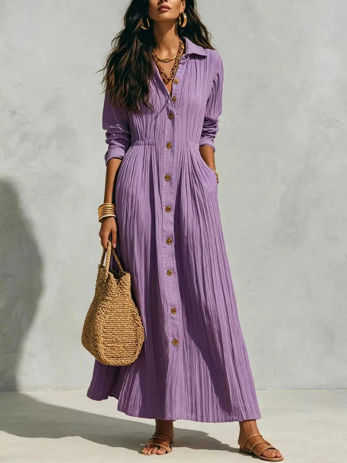 Full Size Textured Button Front Long Sleeve Maxi Dress Plus Size 100100300066352 41 Affordable Fashion Under $100 Jerry's Apparel 
