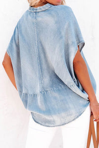 Notched Short Sleeve Denim Top