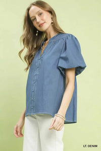 Umgee Denim Button Front Puff Sleeve Boho Blouse 100100988571365 53 Affordable Fashion Under $100 Jerry's Apparel 