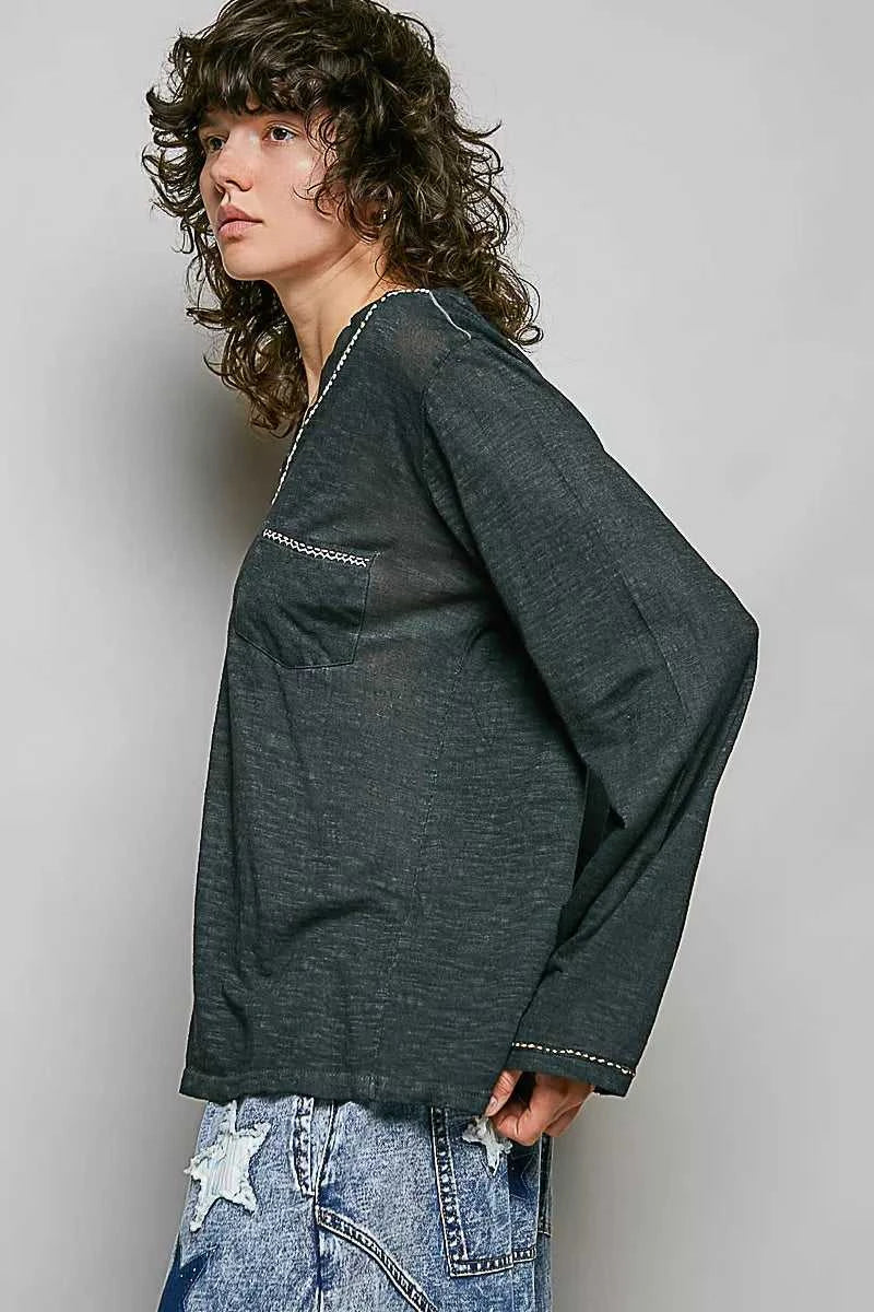 POL Contrast Stitch V-Neck Lightweight Knit Long Sleeve Top 100100339291657 43 Affordable Fashion Under $100 Jerry's Apparel 