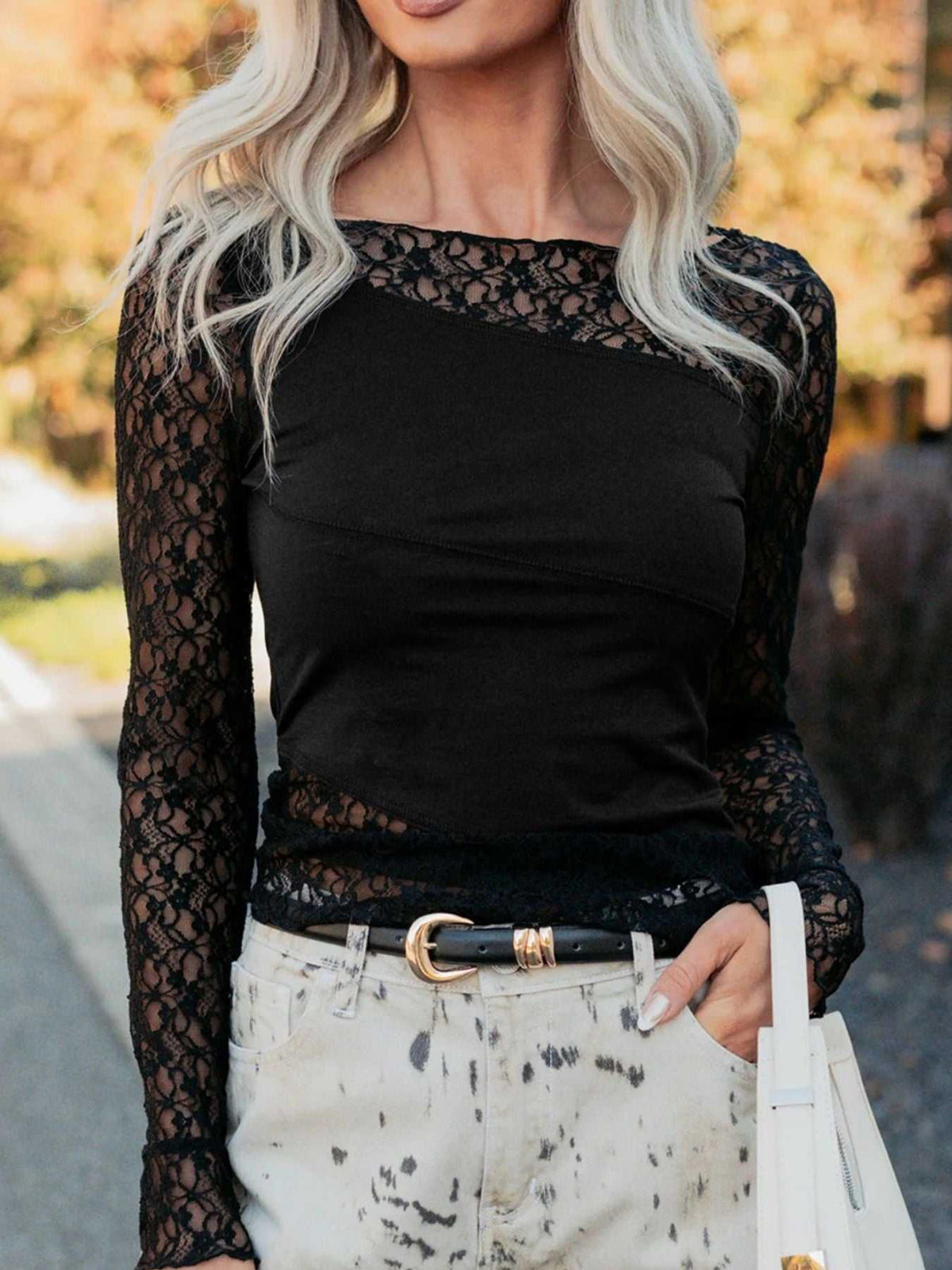 Asymmetric Panels Sheer Floral Lace Patchwork Long Sleeve Top 100100098556079 24 Affordable Fashion Under $100 Jerry's Apparel 