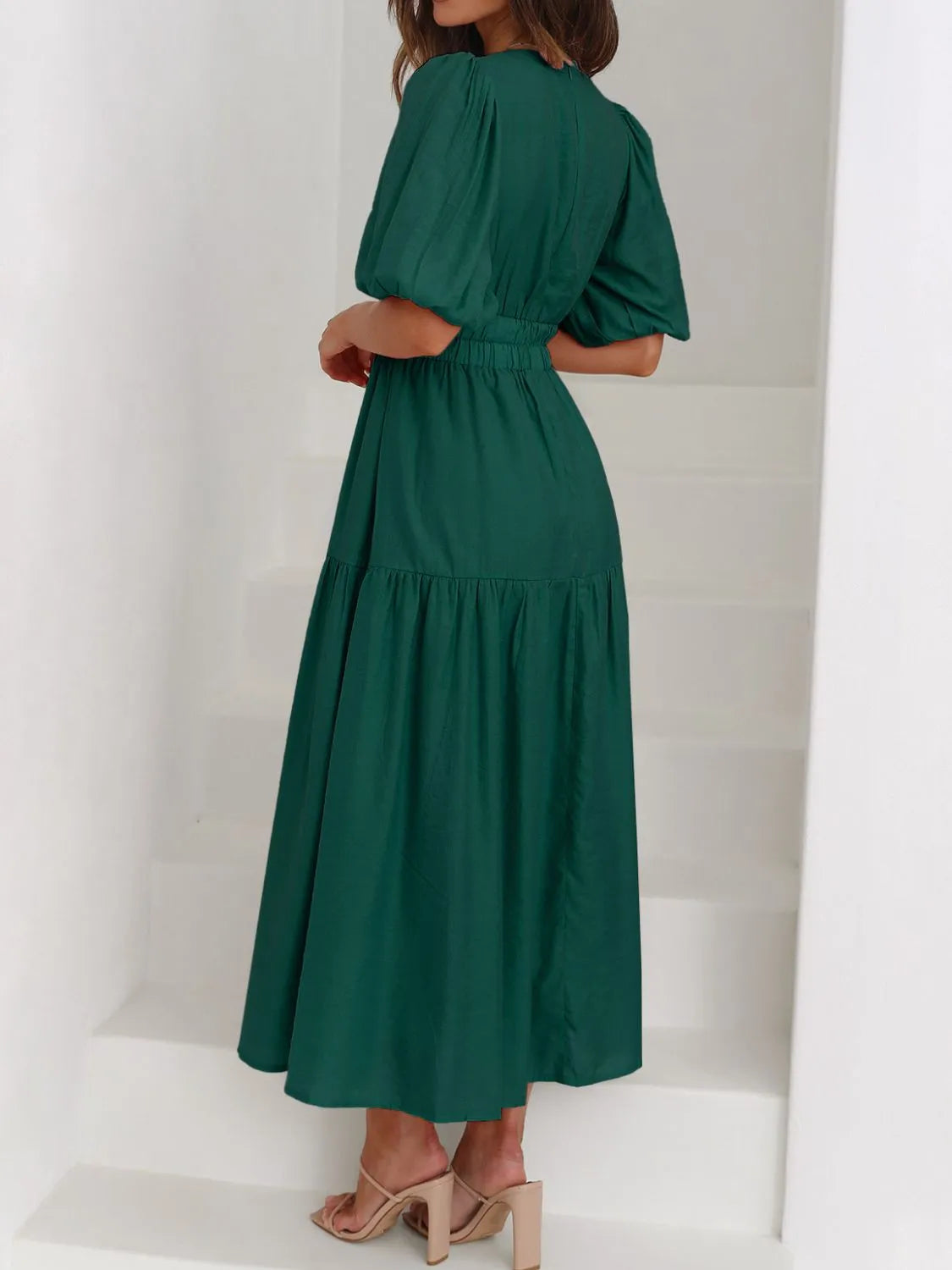 V-Neck Puff Sleeve Midi Dress
