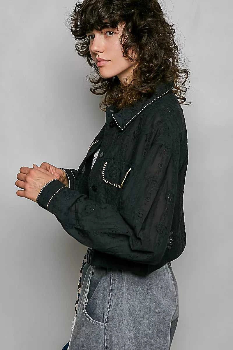 POL Cropped Button-Front Eyelet Cotton Jacket 100100292951676 66 Jerry's Apparel 