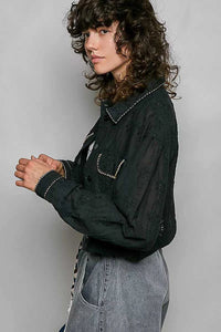 POL Cropped Button-Front Eyelet Cotton Jacket 100100292951676 66 Jerry's Apparel 