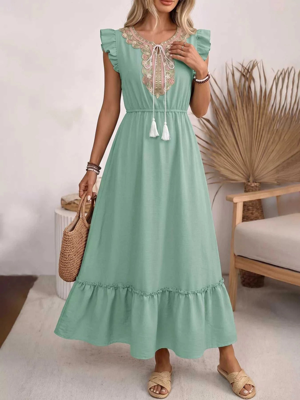 Tie Neck Ruffle Sleeve Maxi Dress 100100626319052 44 Affordable Fashion Under $100 Jerry's Apparel 