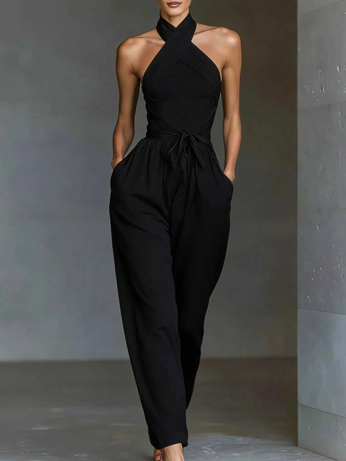 Halter Neck Wide-Leg Jumpsuit with Waist-Tie Detail 101001566820821 48 Affordable Fashion Under $100 Jerry's Apparel 
