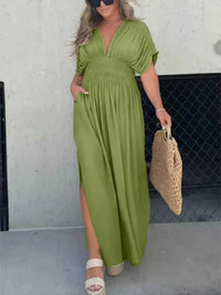 Full Size Slit V-Neck Smocked Waist Maxi Dress Plus Size 100100000480005 59 Gifts for Her Jerry's Apparel 