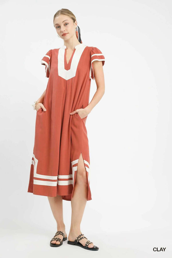 Umgee Linen Cotton Contrast Neckline Midi Dress 100100408721206 62 Affordable Fashion Under $100 Jerry's Apparel 