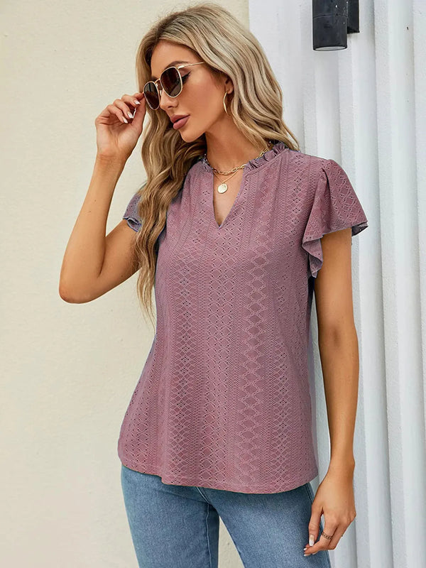 Eyelet Notched Short Sleeve T-Shirt