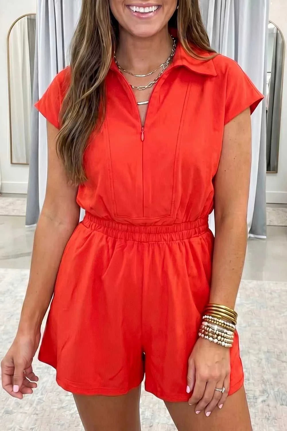 Half Zip Polo Tee Elastic Waist Romper 100100202140560 53 Women's Romper Affordable Fashion Under $100 Jerry's Apparel 