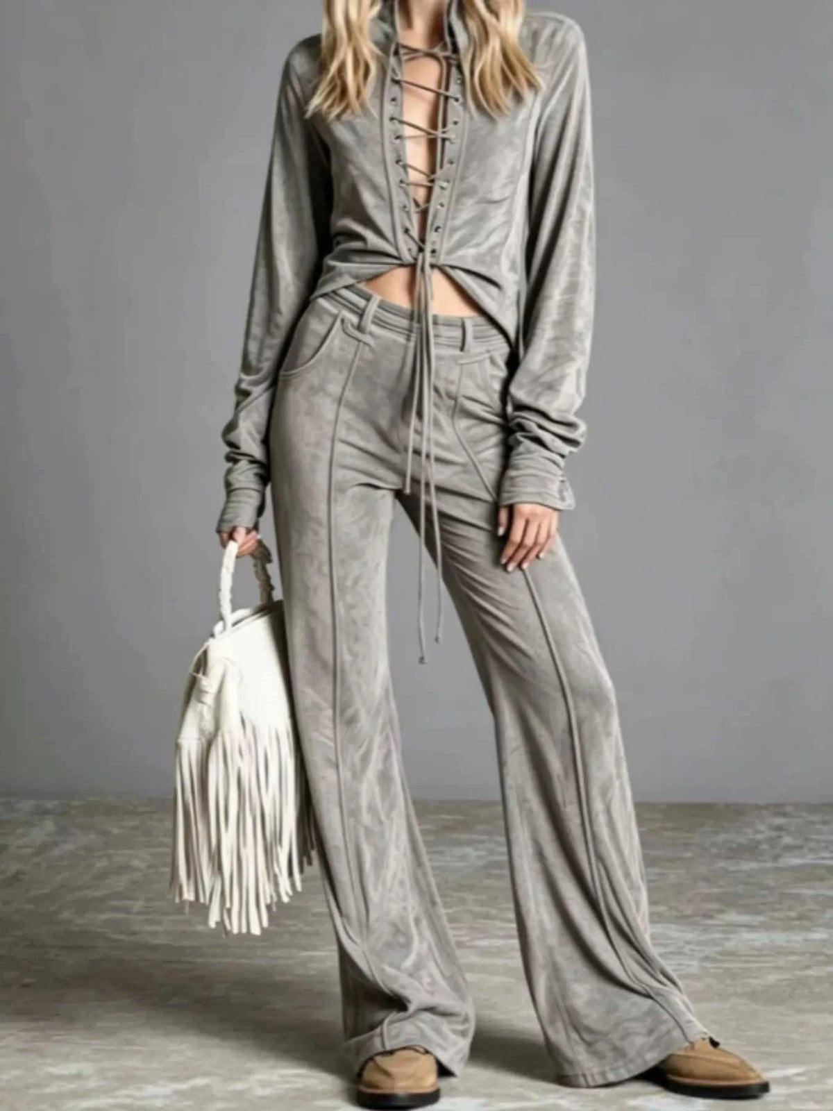 Full Size Lace-Up Long Sleeve Top and Wide-Leg Pants Set Plus Size 101001057963261 65 Affordable Fashion Under $100 Jerry's Apparel 