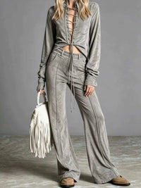 Full Size Lace-Up Long Sleeve Top and Wide-Leg Pants Set Plus Size 101001057963261 65 Affordable Fashion Under $100 Jerry's Apparel 