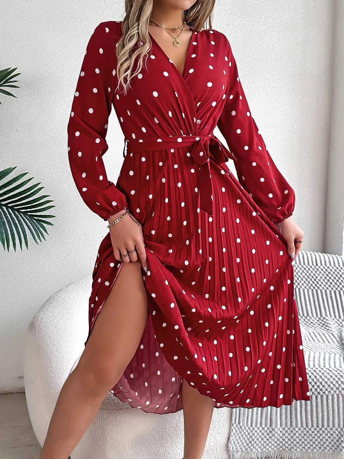 Front Tie Polka Dot Midi Pleated Dress 100100612892124 36 Gifts for Her Jerry's Apparel 