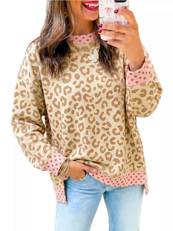 Side Slit Leopard Sweatshirt with Polka Dot Trim 101001649980045 52 Affordable Fashion Under $100 Jerry's Apparel 
