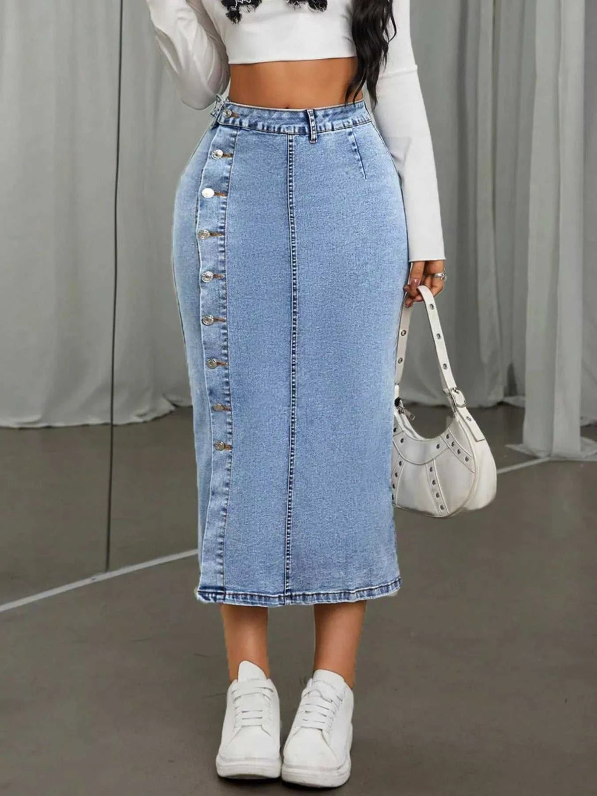 Side Button Slit Denim Midi Skirt 101003199361379 43 Women's Skirts Affordable Fashion Under $100 Jerry's Apparel 
