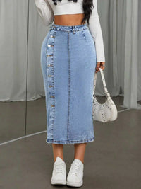 Side Button Slit Denim Midi Skirt 101003199361379 43 Women's Skirts Affordable Fashion Under $100 Jerry's Apparel 