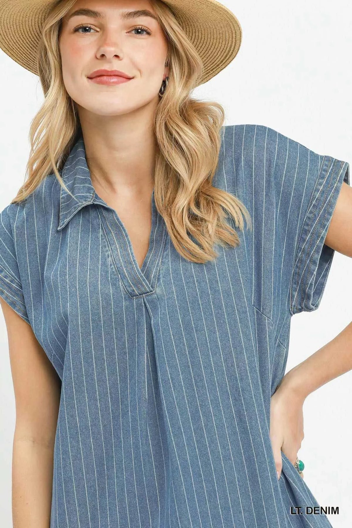 Umgee Pinstripe Denim Collared Midi Dress with Side Slits 100100308381741 66 Affordable Fashion Under $100 Jerry's Apparel 