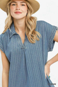 Umgee Pinstripe Denim Collared Midi Dress with Side Slits 100100308381741 66 Affordable Fashion Under $100 Jerry's Apparel 