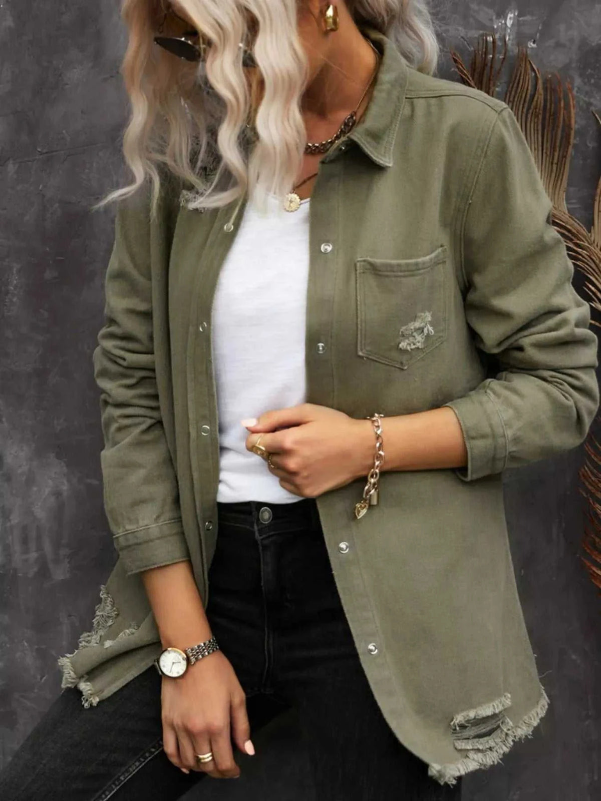 Raw Hem Distressed Denim Shirt Jacket 100100188472813 74 Affordable Fashion Under $100 Jerry's Apparel 