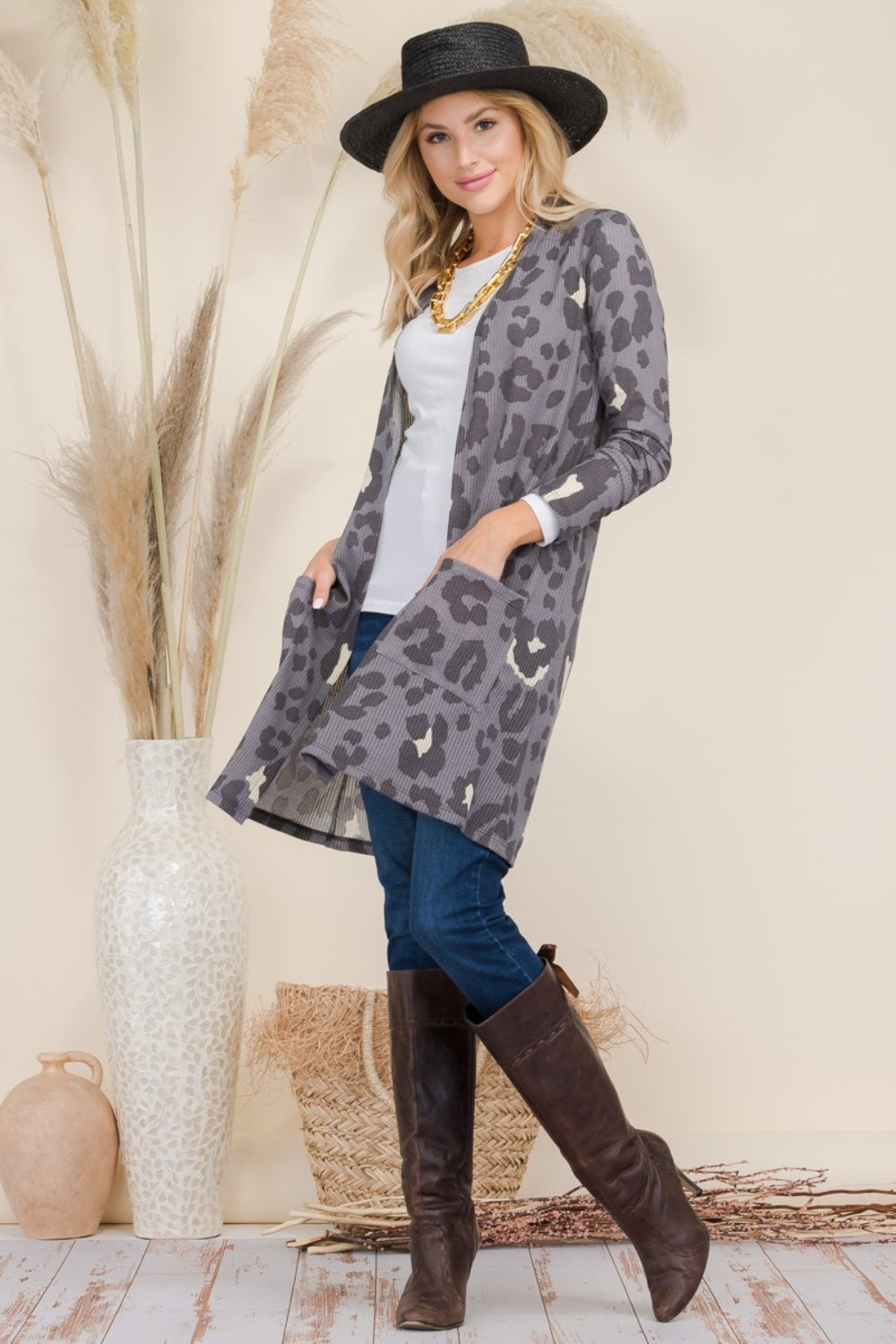 Full Size Leopard Open Front Contrast Cardigan