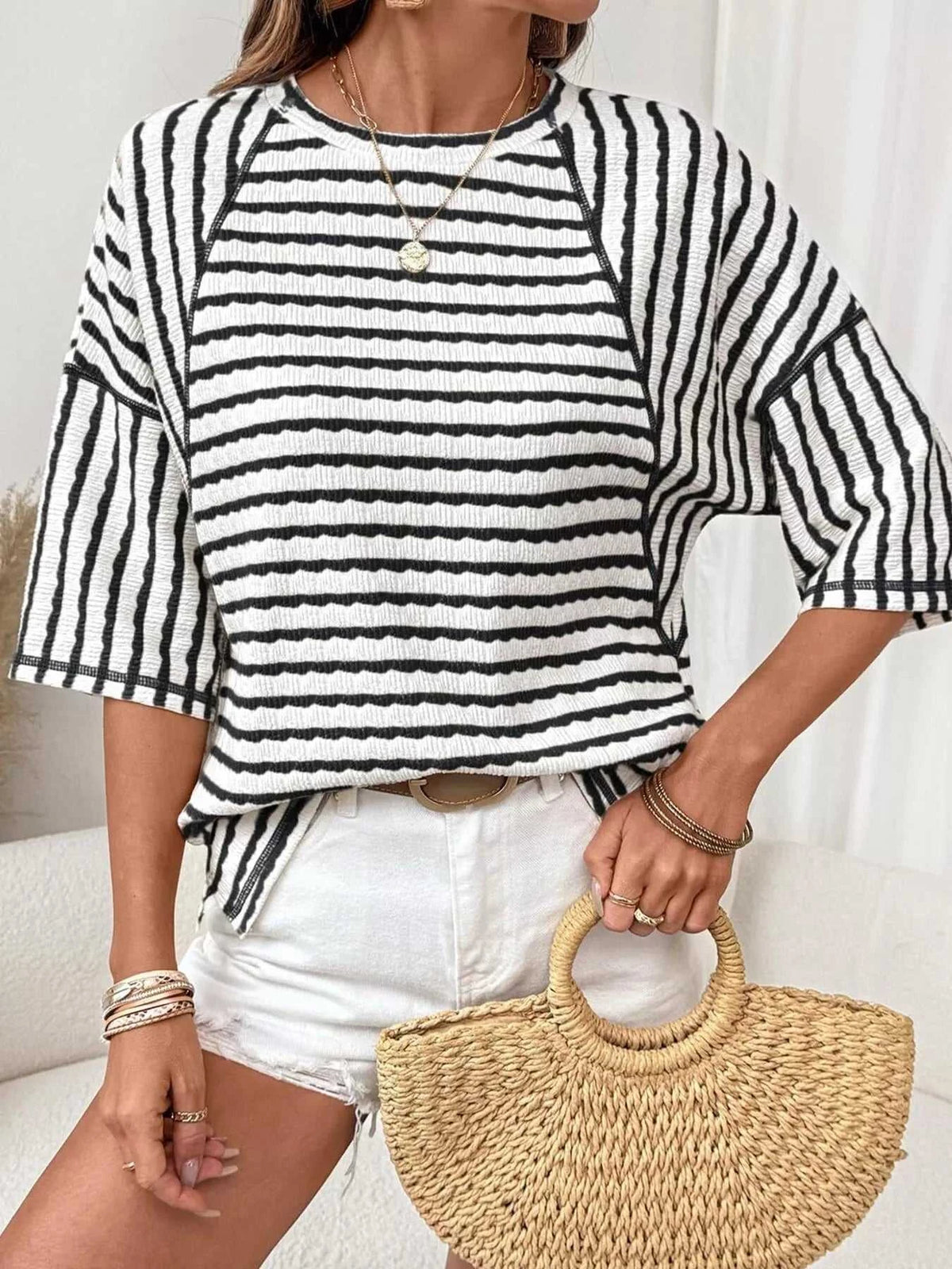 Casual Striped Raglan Sleeve Textured T-Shirt 101001019077269 38 Affordable Fashion Under $100 Jerry's Apparel 