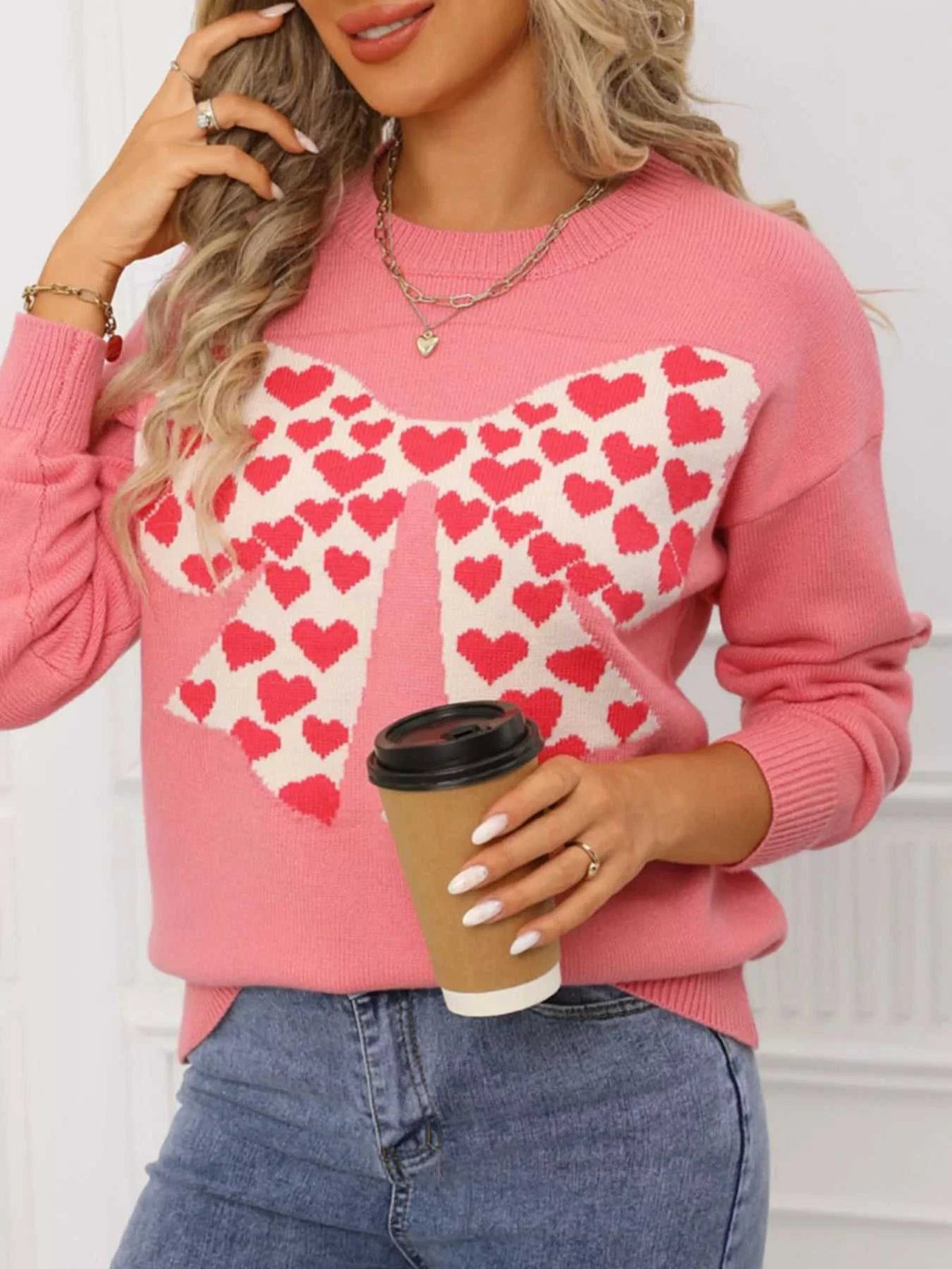Valentine's Day Heart Bow Round Neck Sweater 100100274618336 49 Affordable Fashion Under $100 Jerry's Apparel 