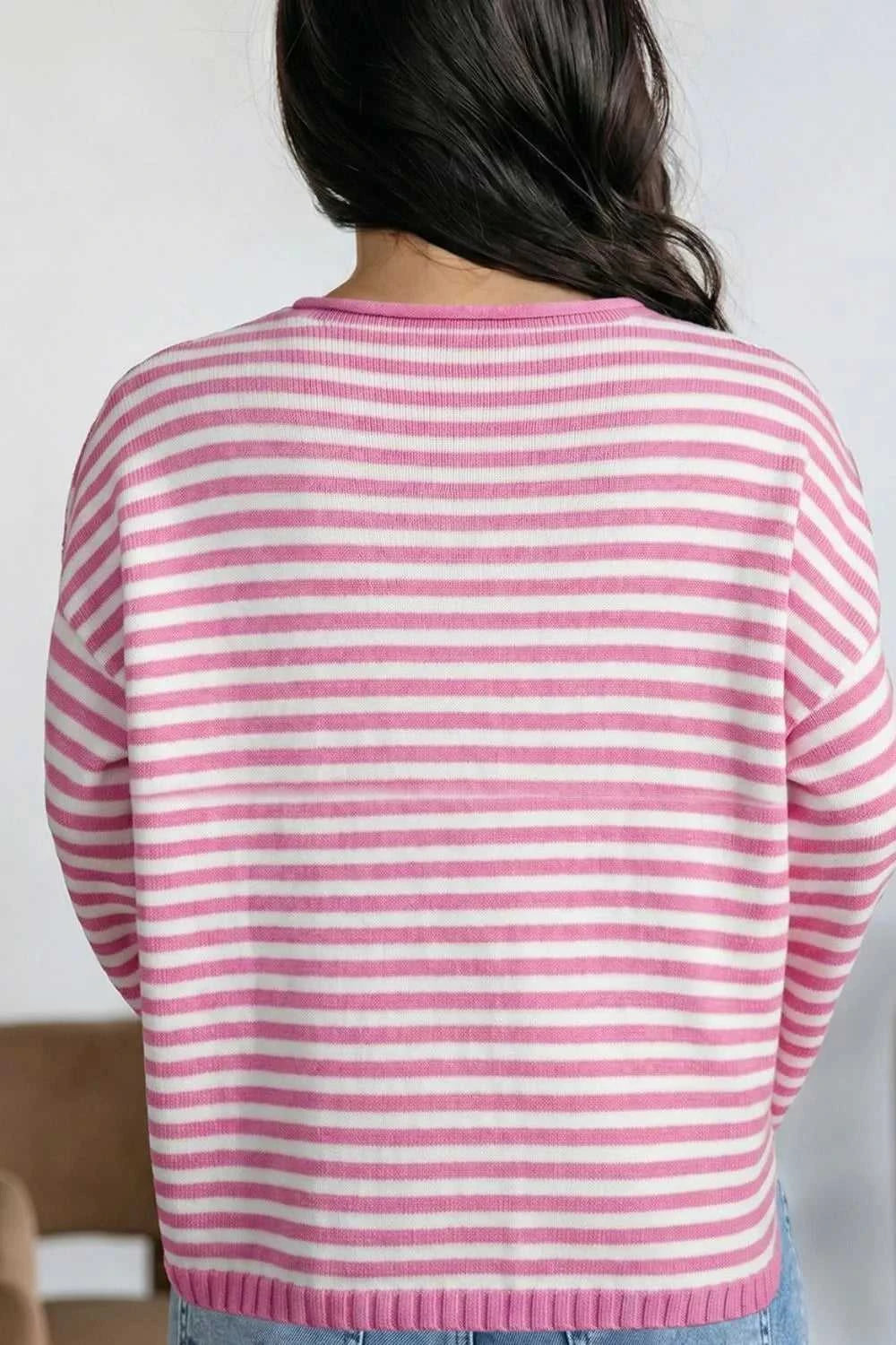 Striped Button Placket Drop Shoulder Long Sleeve Sweater 100100966141645 48 Women's Sweaters and Knitwear Jerry's Apparel 