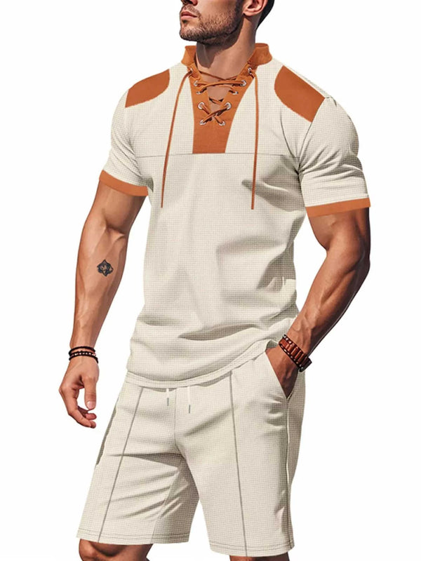 Men's Full Size Lace-Up Collar Casual Top and Shorts Set Plus Size